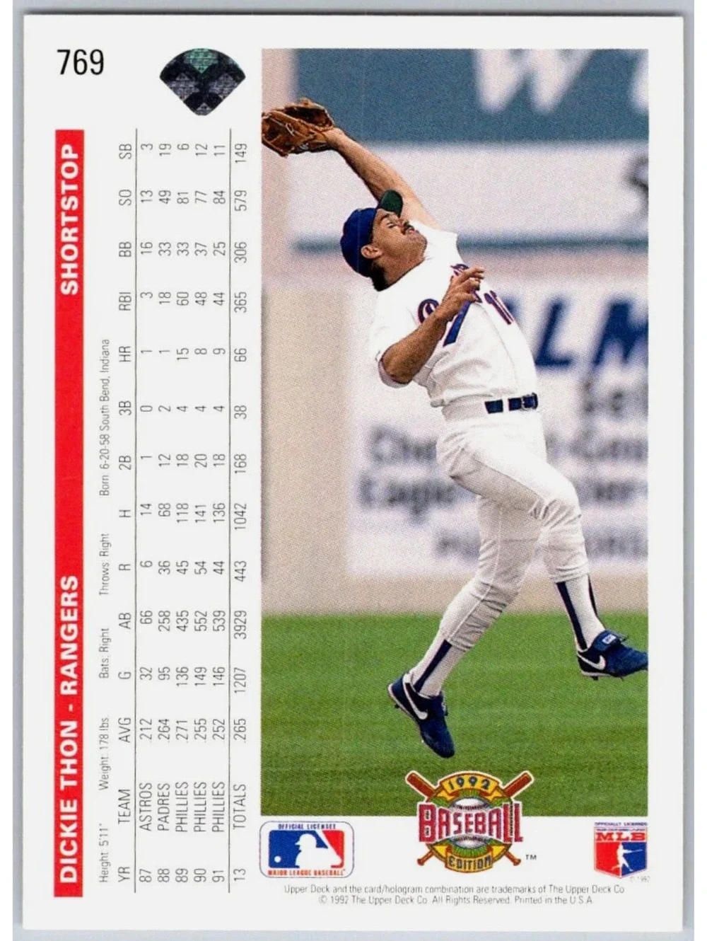 Dickie Thon 1992 Upper Deck MLB #769 Baseball Card Texas Rangers